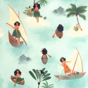 Fondo verde agua. Dibujos de mujeres hawaianas, navegando, vestidas con los atuendos típicos