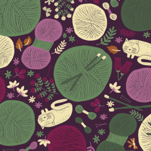 Estampado estilo japonés con dibujos de gatos, ovillos de lana y agujas de tejer. Multicolor