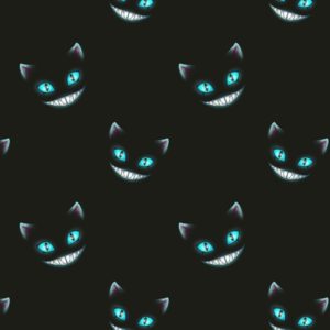 Colores: fondo negro y estampado de caras del gato de Chesire, de Alicia en el País de las Maravillas, en tono azul neón