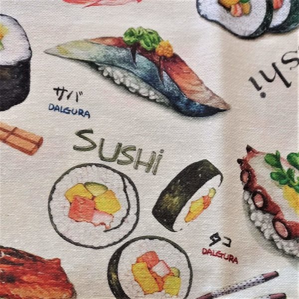 Loneta fondo beige, ilustraciones de diferentes tipo de sushi